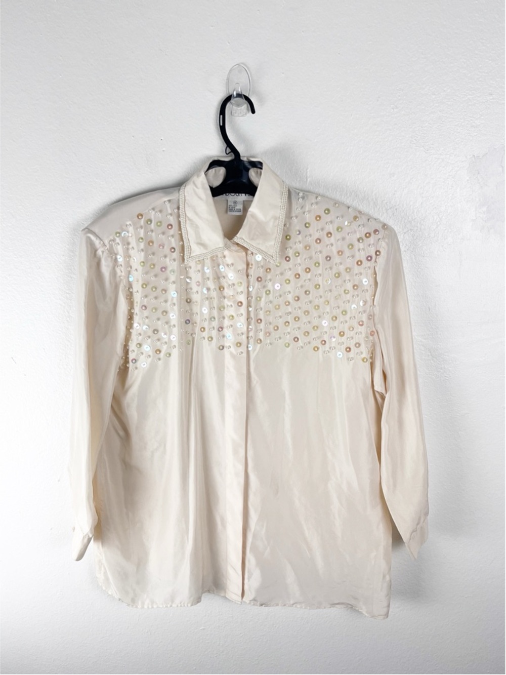 HARBOUR VUE 100% Silk Cream Pearl Sequins Long Sleeves Hidden Button Blouse 16